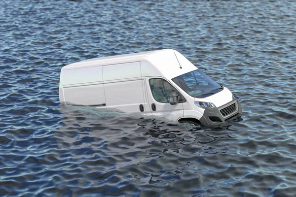 Commercial van in sea water. Sinking car. Concept of cargo and auto car insurance. 3d illustration