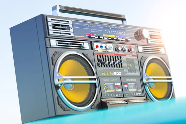 Retro boombox ghetto blaster, radio and audio tape recorder on car roof. 3d illustration