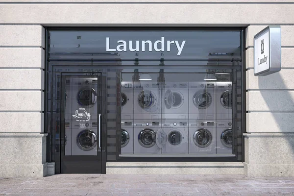 Laundry building exterior with washing machines inside it. 3d illustration