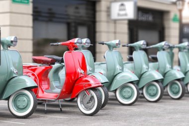  Şehrin otoparkında arka arkaya eski mobilet. 3d illüstrasyon