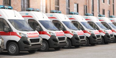 Hastanenin otoparkında arka arkaya ambulans arabaları. 3d illüstrasyon