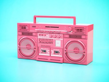 Pembe retro boombox getto silahı, mavi arka planda radyo ve ses kayıt cihazı. 3d illüstrasyon