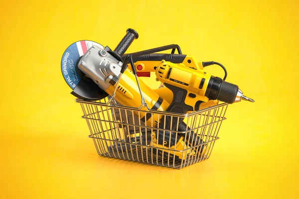 도구와 장비가 바구니를 구입하여 노란색으로 전기드릴 온라인팔고 — 스톡 사진