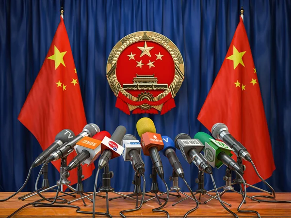 Conférence Presse Officielle Gouvernement Président Chinois Drapeaux Chine Microphones Illustration — Photo