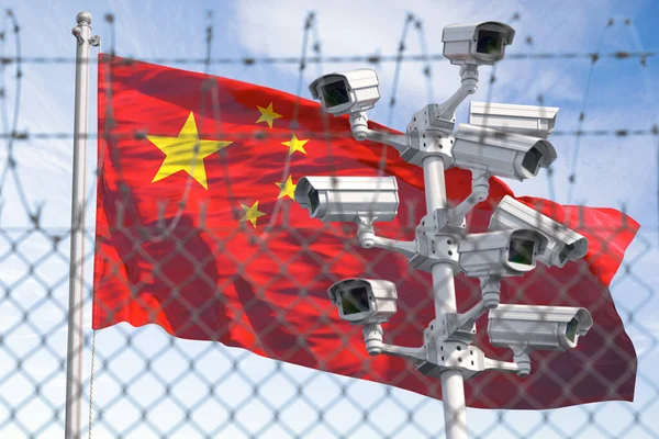 Drapeau Chine Derrière Clôture Fil Fer Barbelé Caméras Cctv Concept — Photo