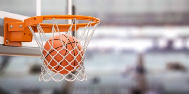 Basketbol topu basketbol sahasında basket potasında sayı yaptı. 3d illüstrasyon