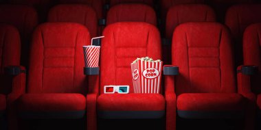 Kızıl sinema koltukları ve kola, patlamış mısır ve bardaklar boş tiyatroda. Sinema sinema konsepti. 3d illüstrasyon