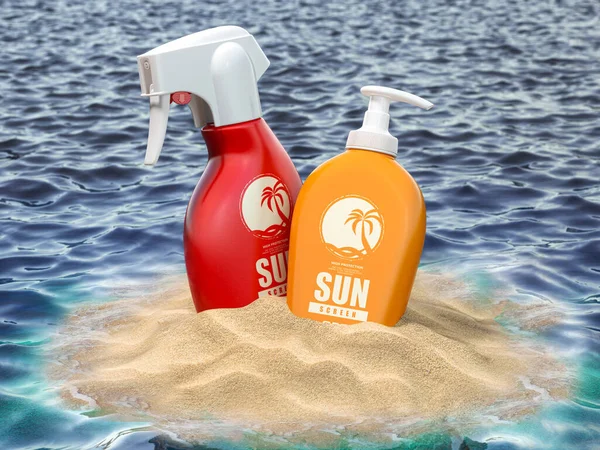 Solkräm Lotion Flaskor Sand Och Havet Illustration — Stockfoto