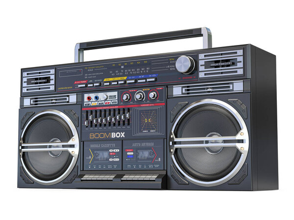 Retro ghetto blaster boombox, radio and audio tape recorder isolated on white. 3d illustration