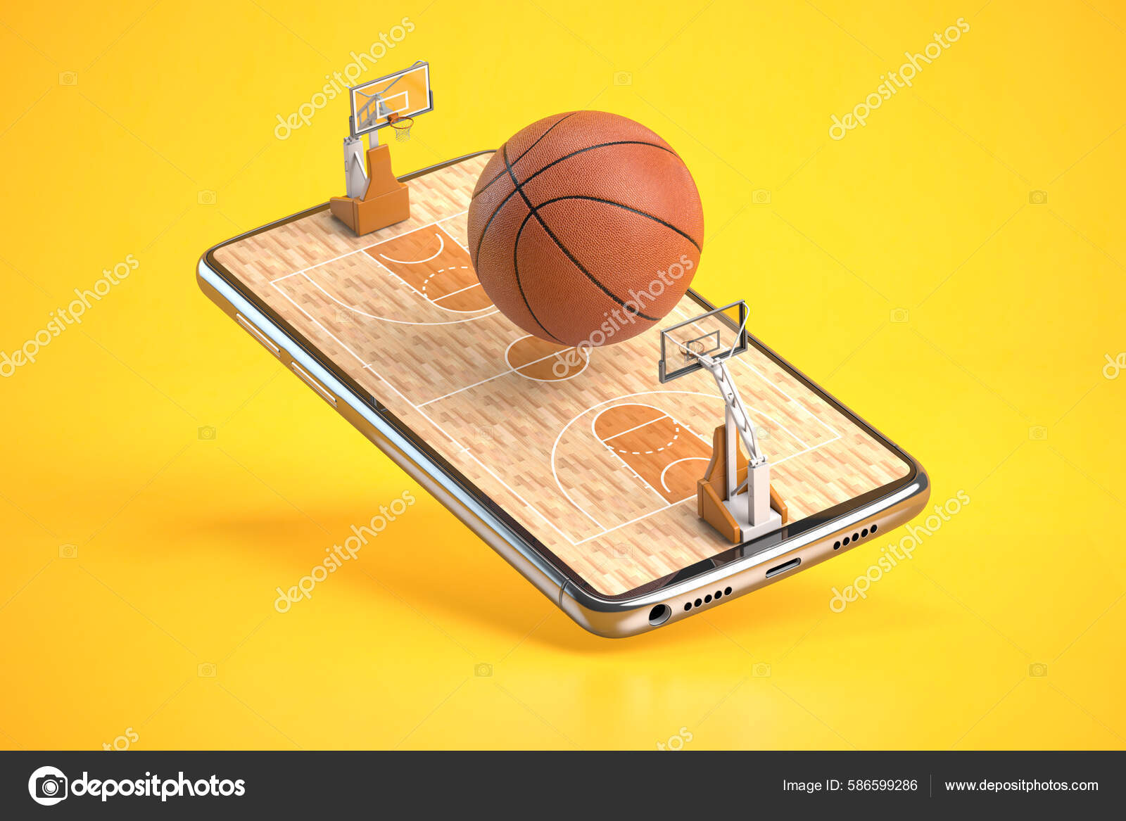 Download - Basketball ball on a basketball court on mobile phone or smartphone. Video game, betting online and watching match online concept. 3d illustration - Stock Image
