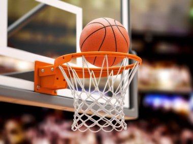 Basketbol topu basketbol sahasında basket potasında sayı yaptı. 3d illüstrasyon