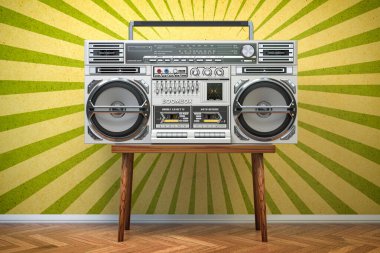 Retro ghetto blaster boombox, radyo ve ses kaydedicisi klasik arka planda. 3d illüstrasyon