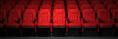 Boş sinema salonundaki kırmızı koltuklar. Sinema ve sinema konsepti. 3d illüstrasyon