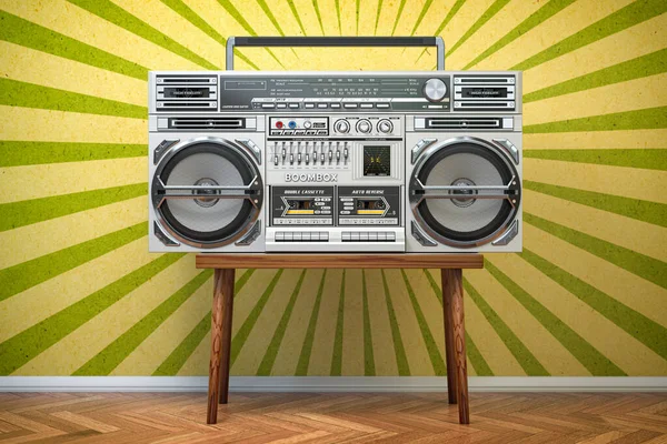 Retro ghetto blaster boombox, radio and audio tape recorder on vintage background. 3d illustration