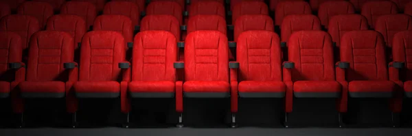 Red seats rows in empty cinema hall. Movie theatre and cinema concept. 3d illustration