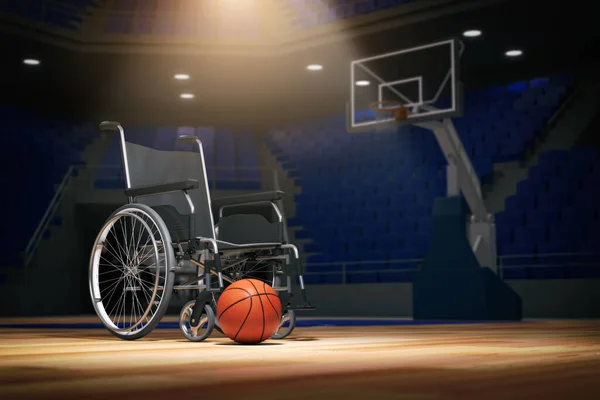 Wheel chaiir with basketball ball on empty basketball arena. Motivation, problems and dreams of disabled person concept. 3d illustration
