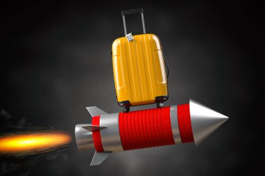 Hızlı teslimat ve bagaj konsepti, turizm ve seyahat büyümesi. Uçan bir roketin bavulu. 3d illüstrasyon