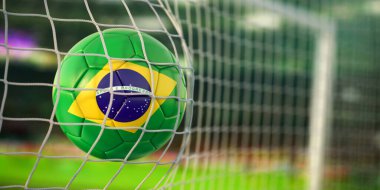 Futbol stadyumunun kalesinde Brezilya bayraklı futbol. Brezilya futbol şampiyonası konsepti. 3d illüstrasyon