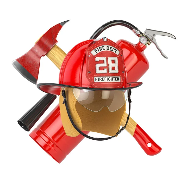 Fire Deprtment Emblem Firefighter Badge Helmet Fire Extinguisher Axe Illustration — Zdjęcie stockowe