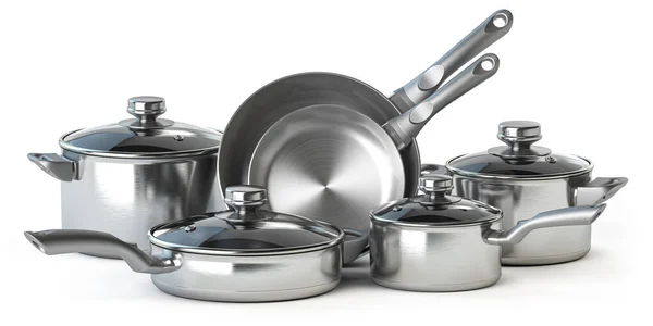 Set Stainless Steel Pots Pans Isolated White Illustration — 图库照片