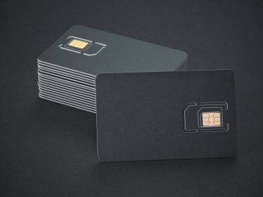 Blank black SIM smart card on black background. Mock up. 3d illustration
