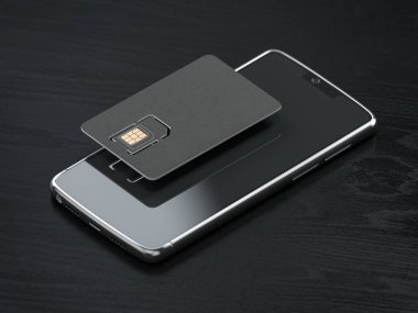 Blank black SIM smart card and mobile phone or smartphone on black table. Mock up. 3d illustration
