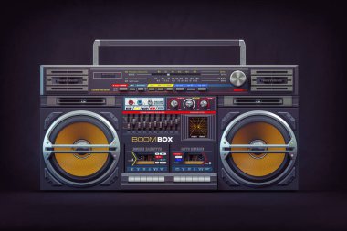Retro ghetto blaster boombox, radyo ve ses kayıt cihazı siyah arkaplanda. 3d illüstrasyon