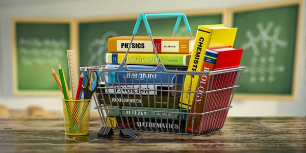 Back to school supplies. Books in a shopping basket, pencils on a desk in classroom. 3d illustration