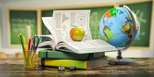 Back School Supplies Books Globe Pencils Desk Classroom Illustration — Foto Stock