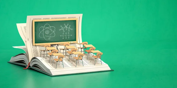 Open Book Classroom Blackboard School Desks Ion Green Background Back — Photo