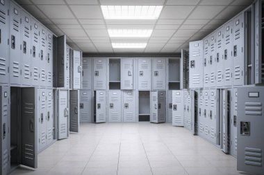 School Locker room with open and closed doors. 3d illustration