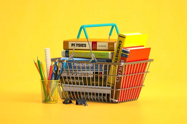 School supplies. Books in a shopping basket, pencils on yellow background. 3d illustration