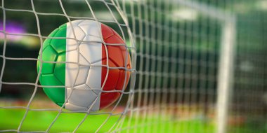 Football ball with flag of Italy in the net of goal of football stadium. Football championship of Italy concept. 3d illustration