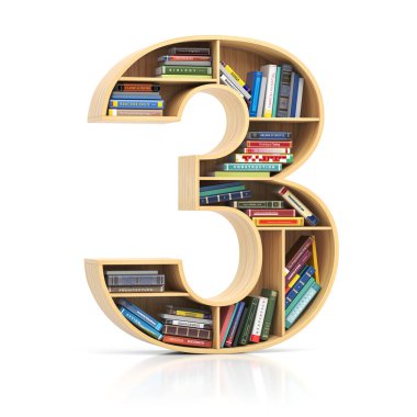 Number 3 three in form of bookshelf with book and texbooks. Educational and learning conceptual font and alphabet. 3d illustration