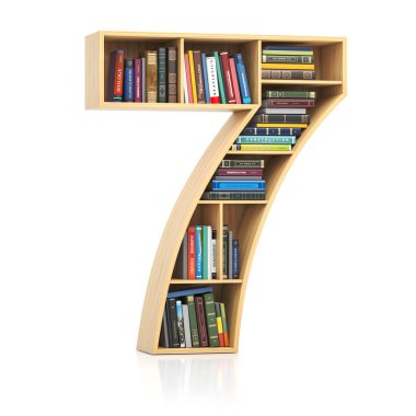 Number 7 seven in form of bookshelf with book and texbooks. Educational and learning conceptual font and alphabet. 3d illustration