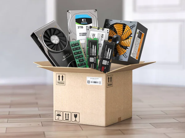 Computer pc parts in open cardboard box. Buing and delivery computer components. 3d illustration