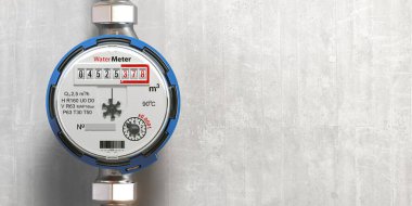 Water meter or counter on wall. Water consumption measuring. 3d illustration