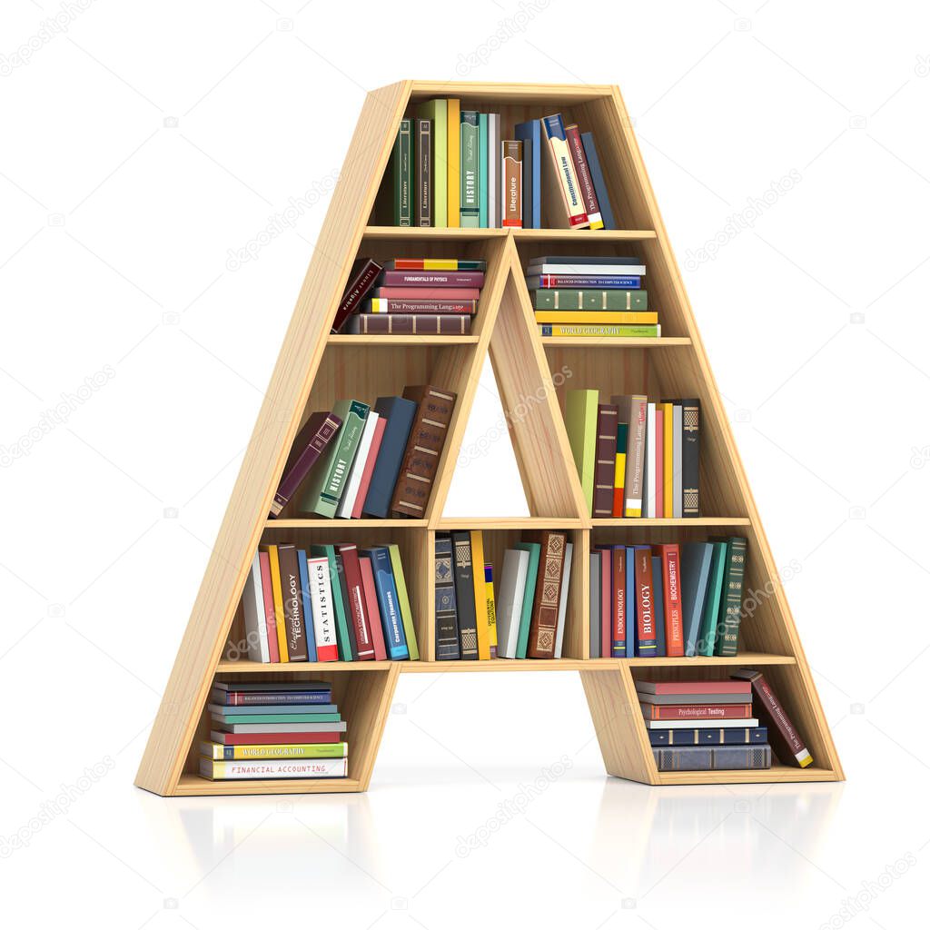 Letter A in form of bookshelf with book and texbooks. Educational and learning conceptual font and alphabet. 3d illustration