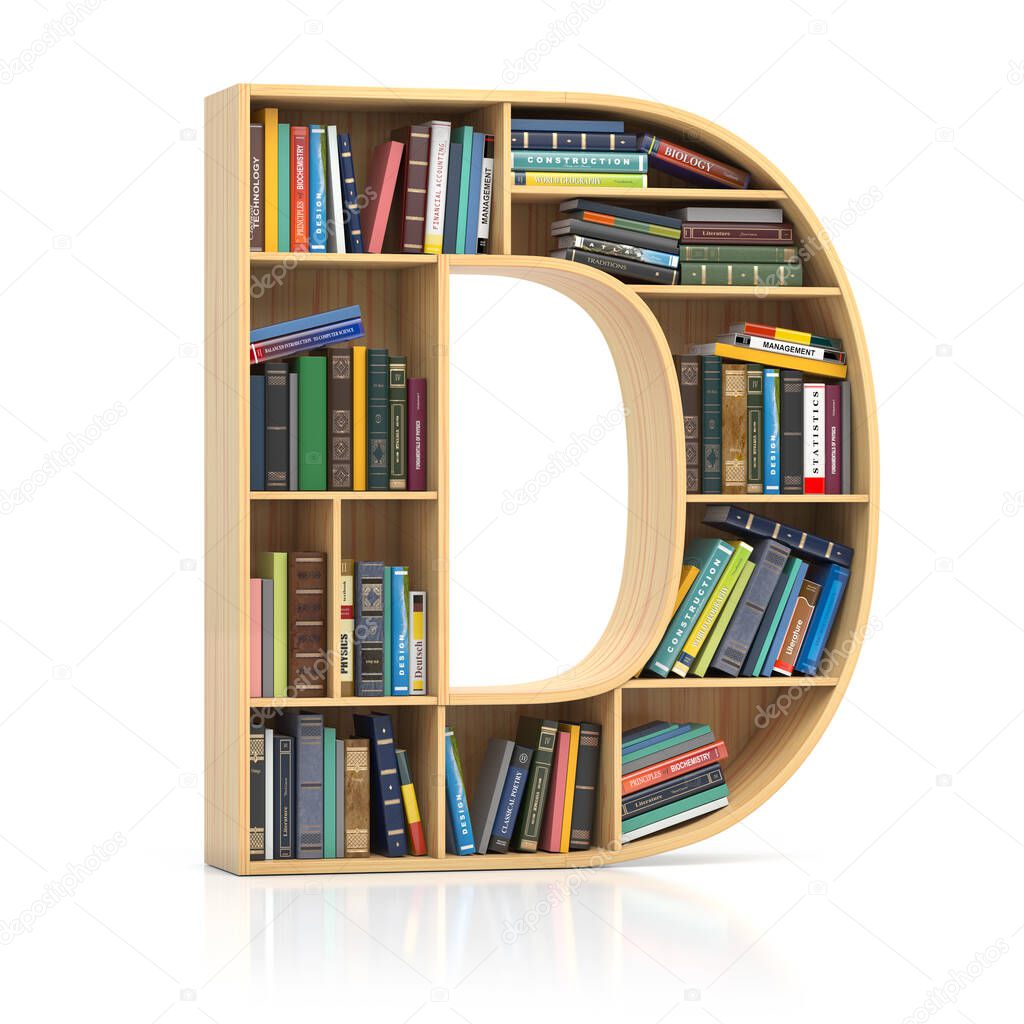 Letter D in form of bookshelf with book and texbooks. Educational and learning conceptual font and alphabet. 3d illustration