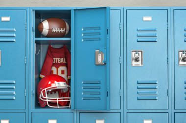 Amerikan futbol soyunma odası, ekipman, top ve kask. 3d illüstrasyon