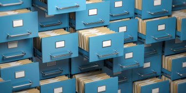 Dosya dolabı foderlerle dolu. Depo, organizasyon ve yönetim konsepti. 3d illüstrasyon