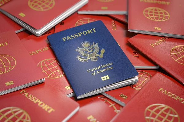 Διαβατήριο Των Ηπα Στη Στοίβα Διαβατηρίων Άλλων Χωρών Μετανάστευση Εικονογράφηση — Φωτογραφία Αρχείου