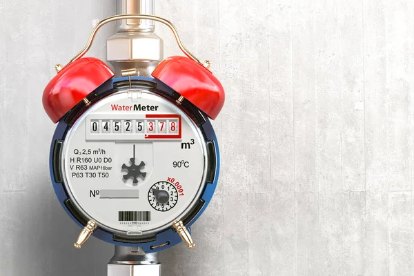 Water meter wiith alarm clock. Time to pay utility bills and debt for water consumption concept. 3d illustration