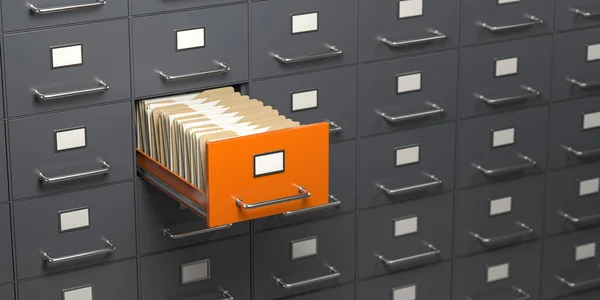 File cabinet full of foders. Storage, organization and administration concept. 3d illustration