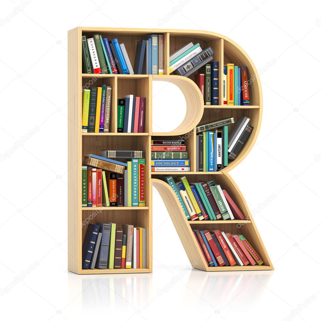 Letter R in form of bookshelf with book and texbooks. Educational and learning conceptual font and alphabet. 3d illustration