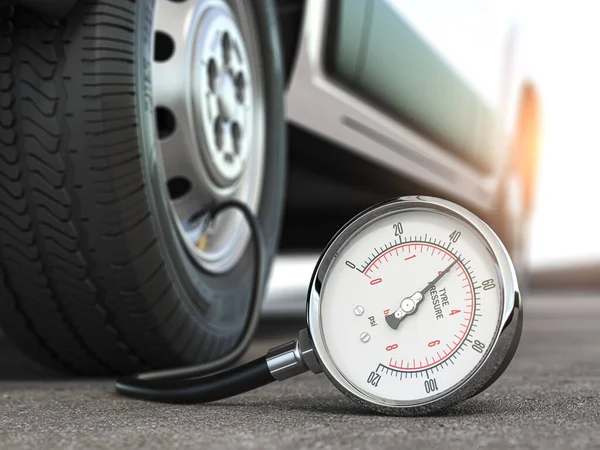 Wskaźnik Ciśnienia Oponach Koło Samochodu Inflacja Kontrola Pomiar Opon Kołowych — Zdjęcie stockowe