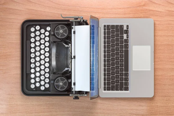 Old typewriter and laptop, top view. Old and modern technologies. 3d illustration