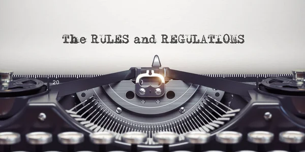 Rules and regulationswritten by typewriter. Typewriter and text on white sheet. 3d illustration