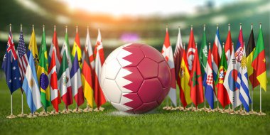 Futbol sahası çimlerinde dünya ülkelerinin bayrakları olan futbol topu. Katar 'da bir dünya kupası. 3d illüstrasyon