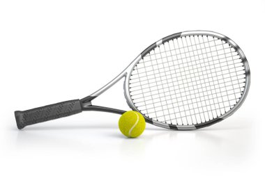 Tenis raketi ve tenis topu beyaz arka planda izole edilmiş. 3d illüstrasyon